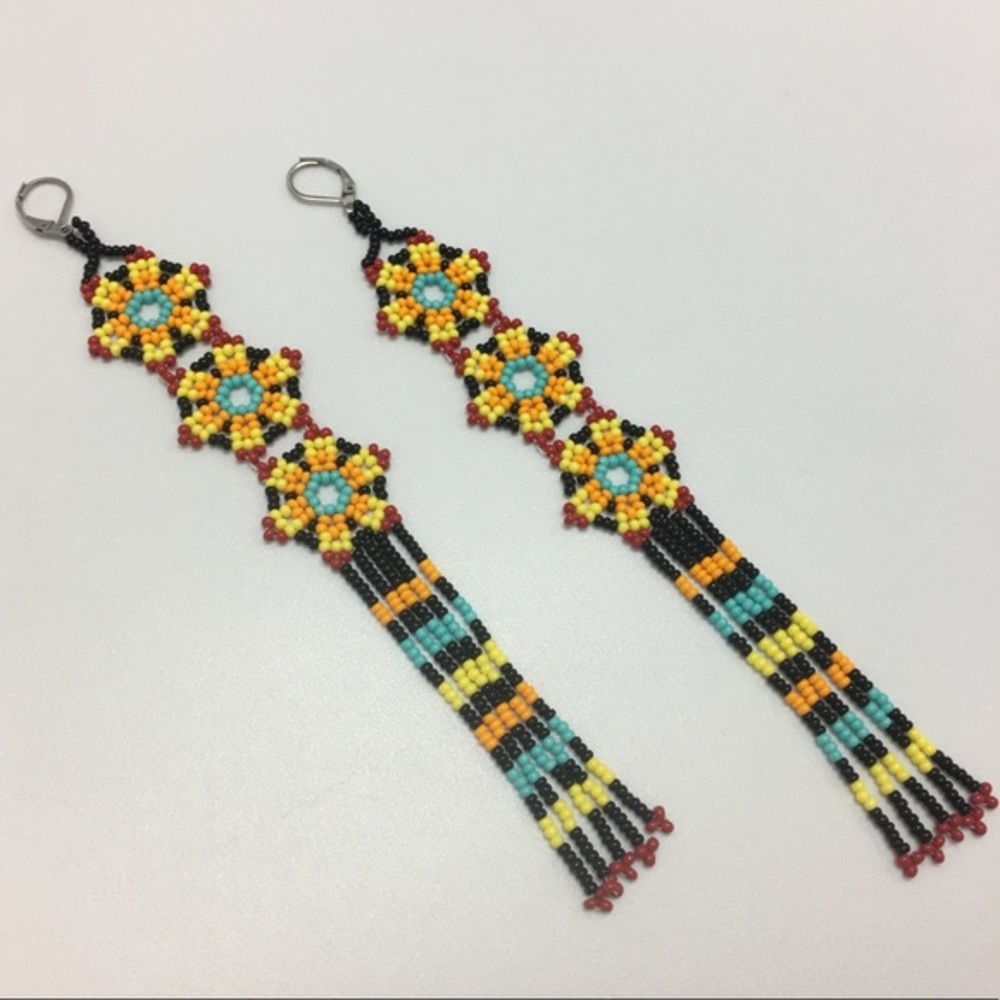 Handmade 6” flower fringe seed beads boho earrings